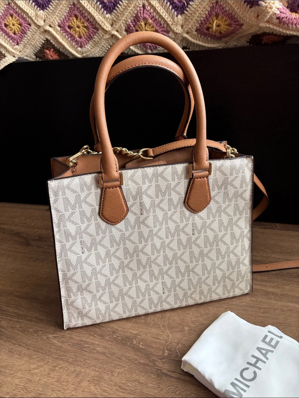 Michael Kors Vanilla and Tan Signature Studded Satchel